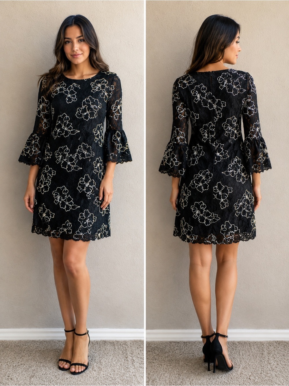 Karl Lagerfeld Black Lace Shift Dress with White Floral Embroidery